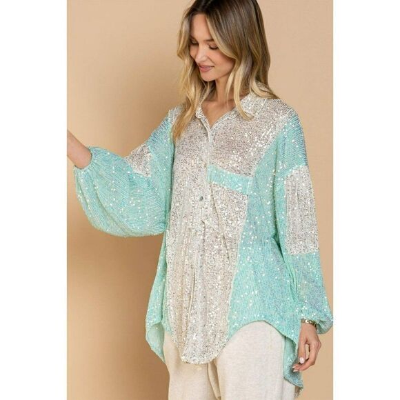 POL Tops - SALE! POL CLOTHING Sequin Block Sleeve Button Up Top in White and Aqua SMT2045
